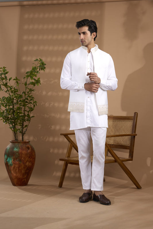 White Embroidered Open Jacket Set