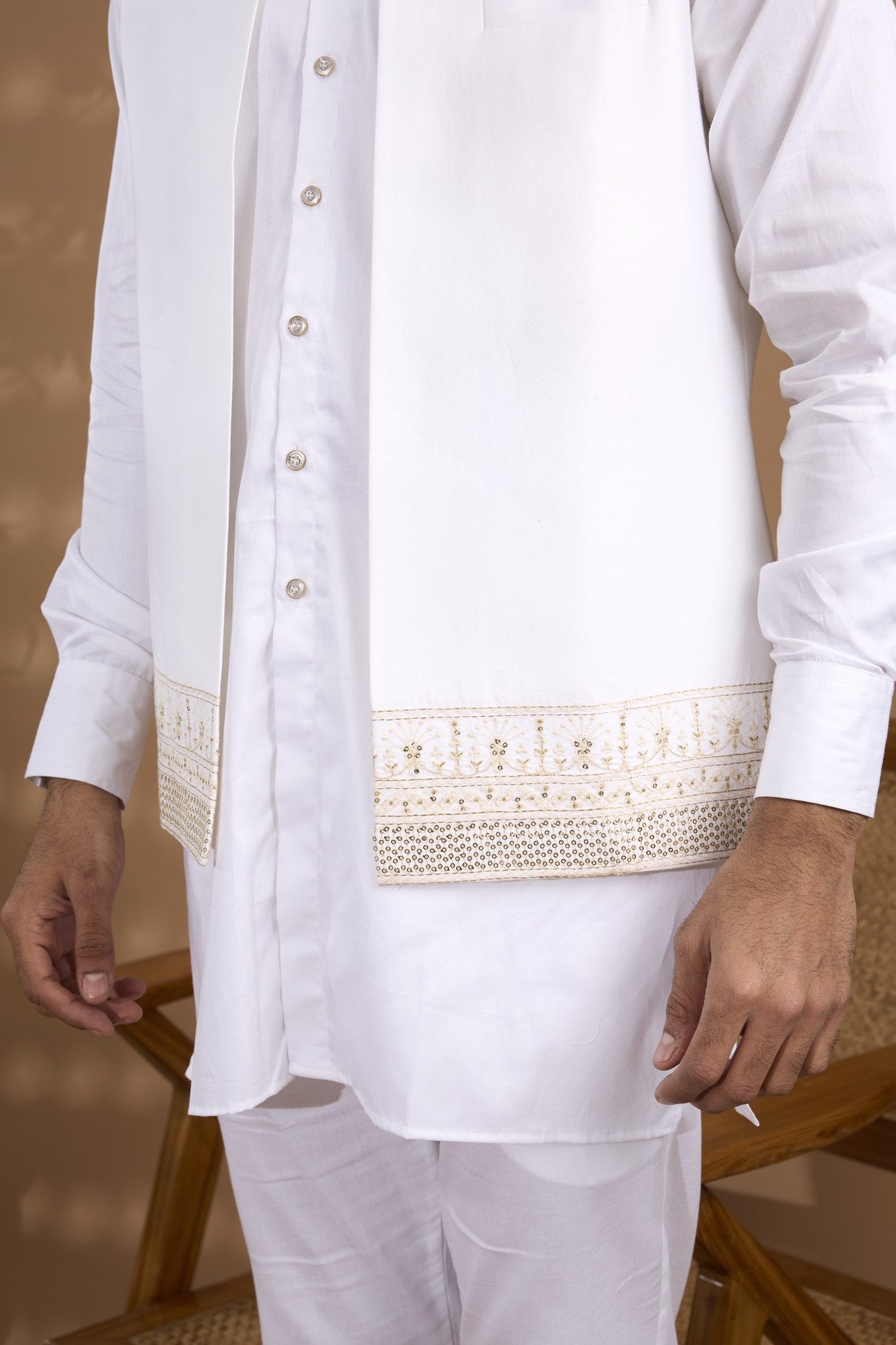 White Embroidered Open Jacket Set