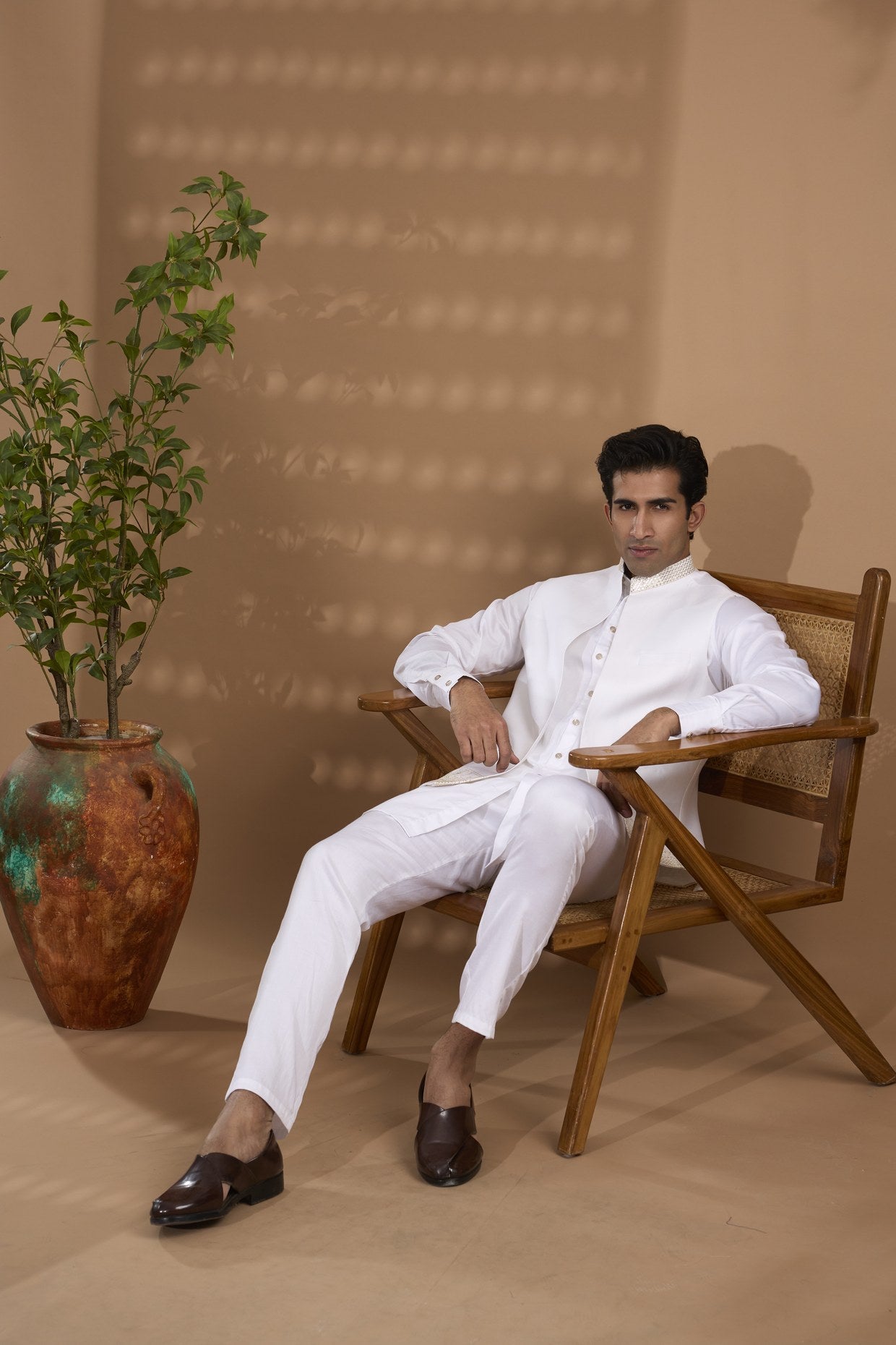 White Embroidered Open Jacket Set