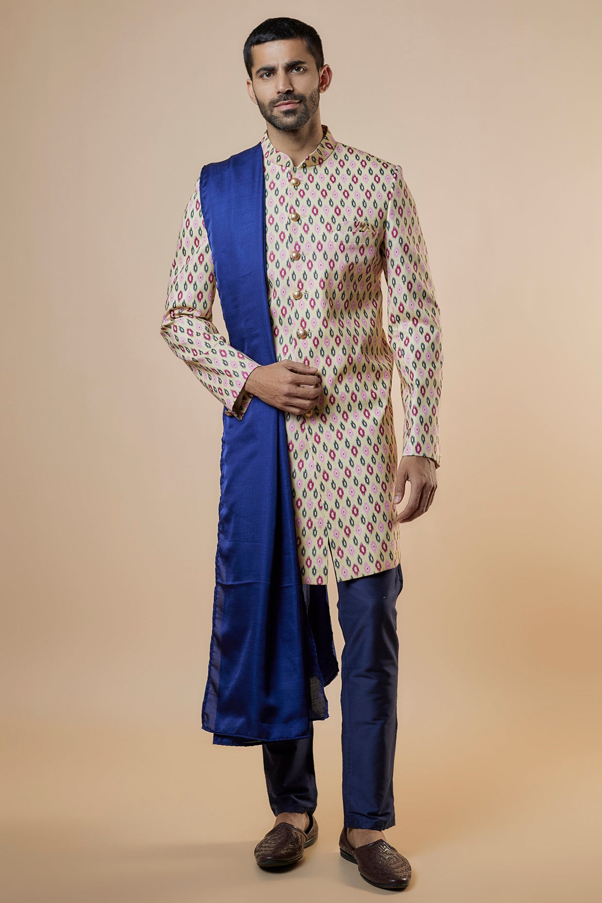 Cream Ikat Print Sherwani Set