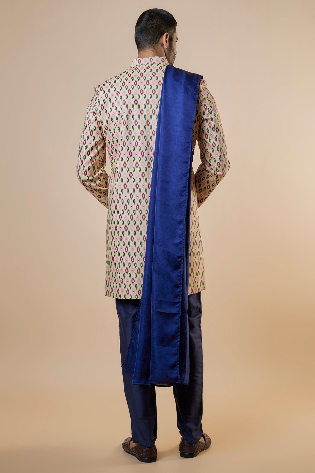 Cream Ikat Print Sherwani Set