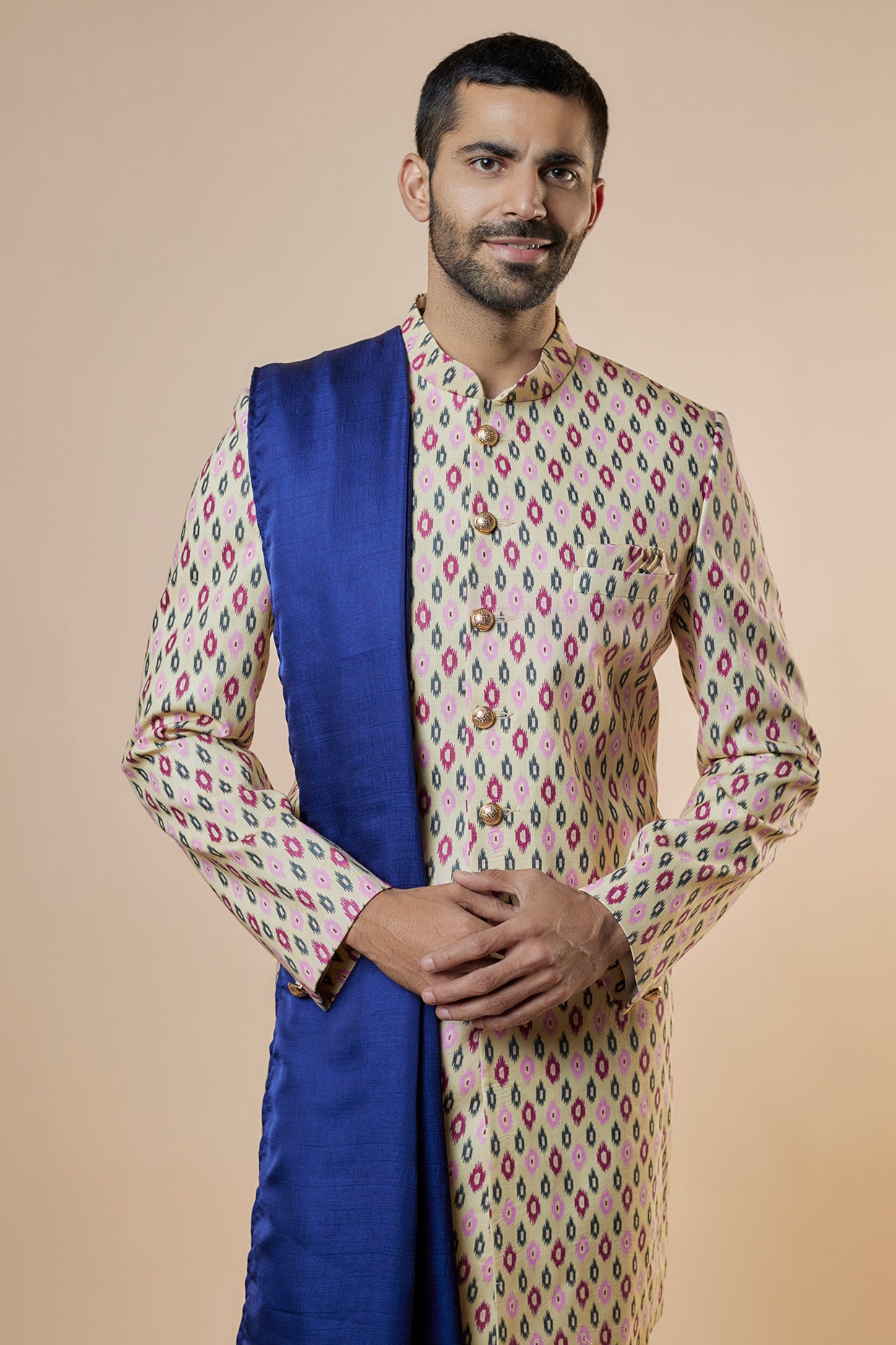 Cream Ikat Print Sherwani Set