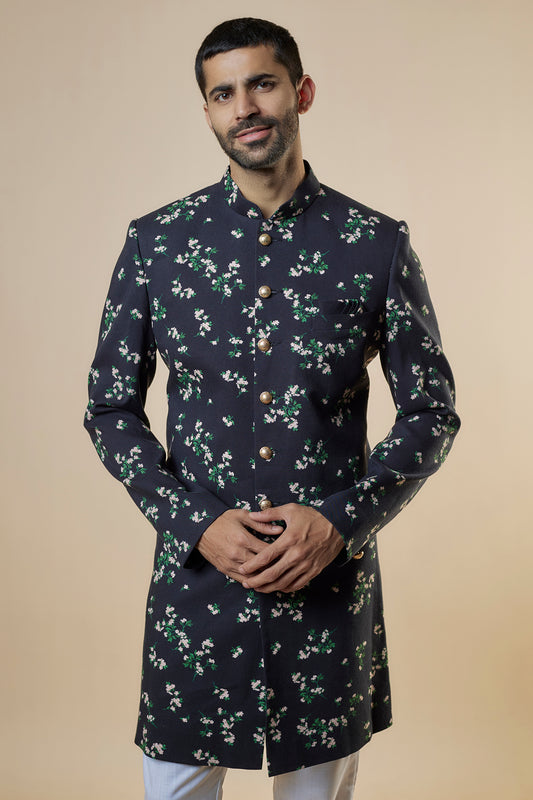 Black Floral Print Sherwani Set