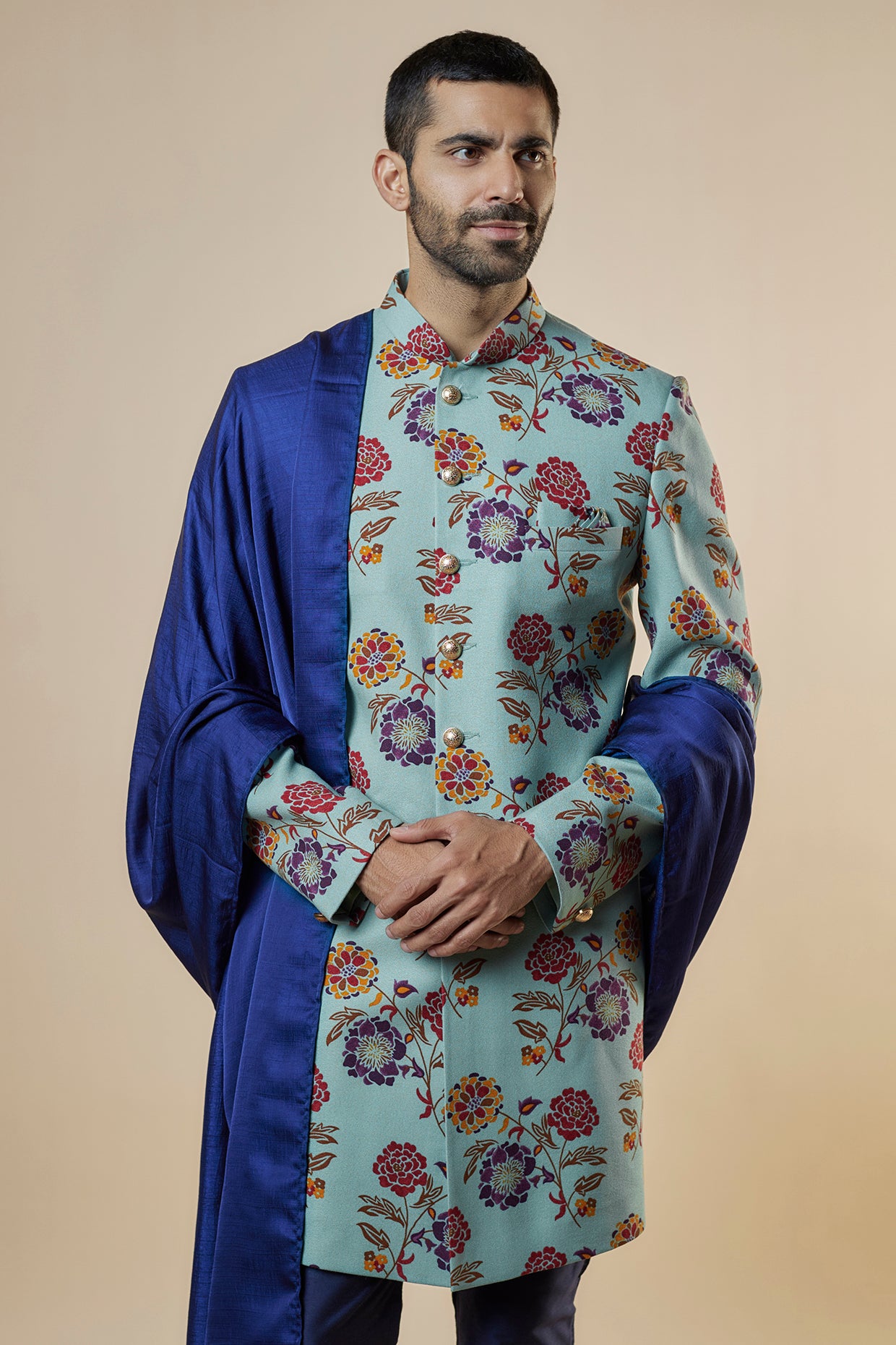 Ice Blue Floral Sherwani Set