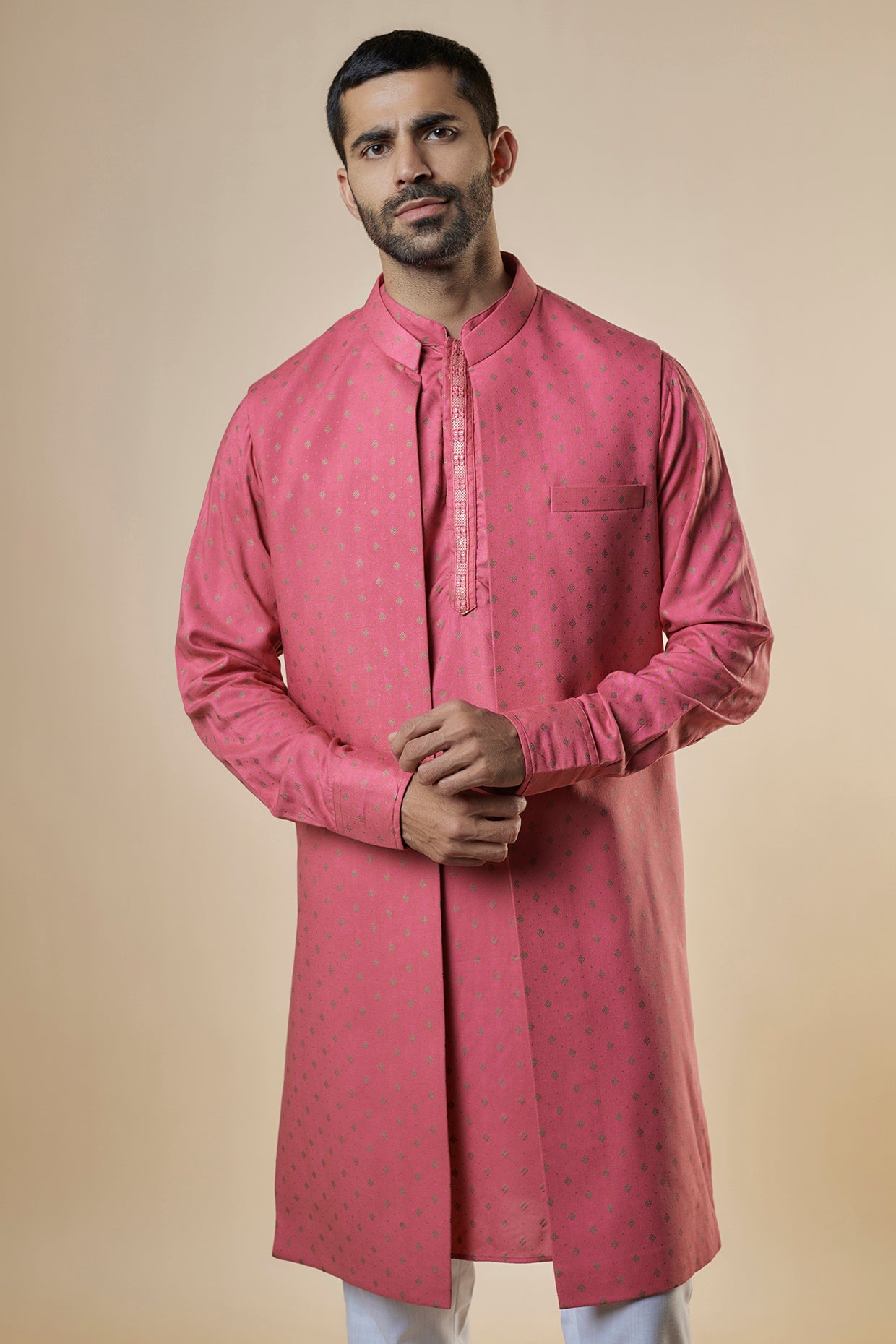 Pink Foil Print Open Jacket Kurta Set