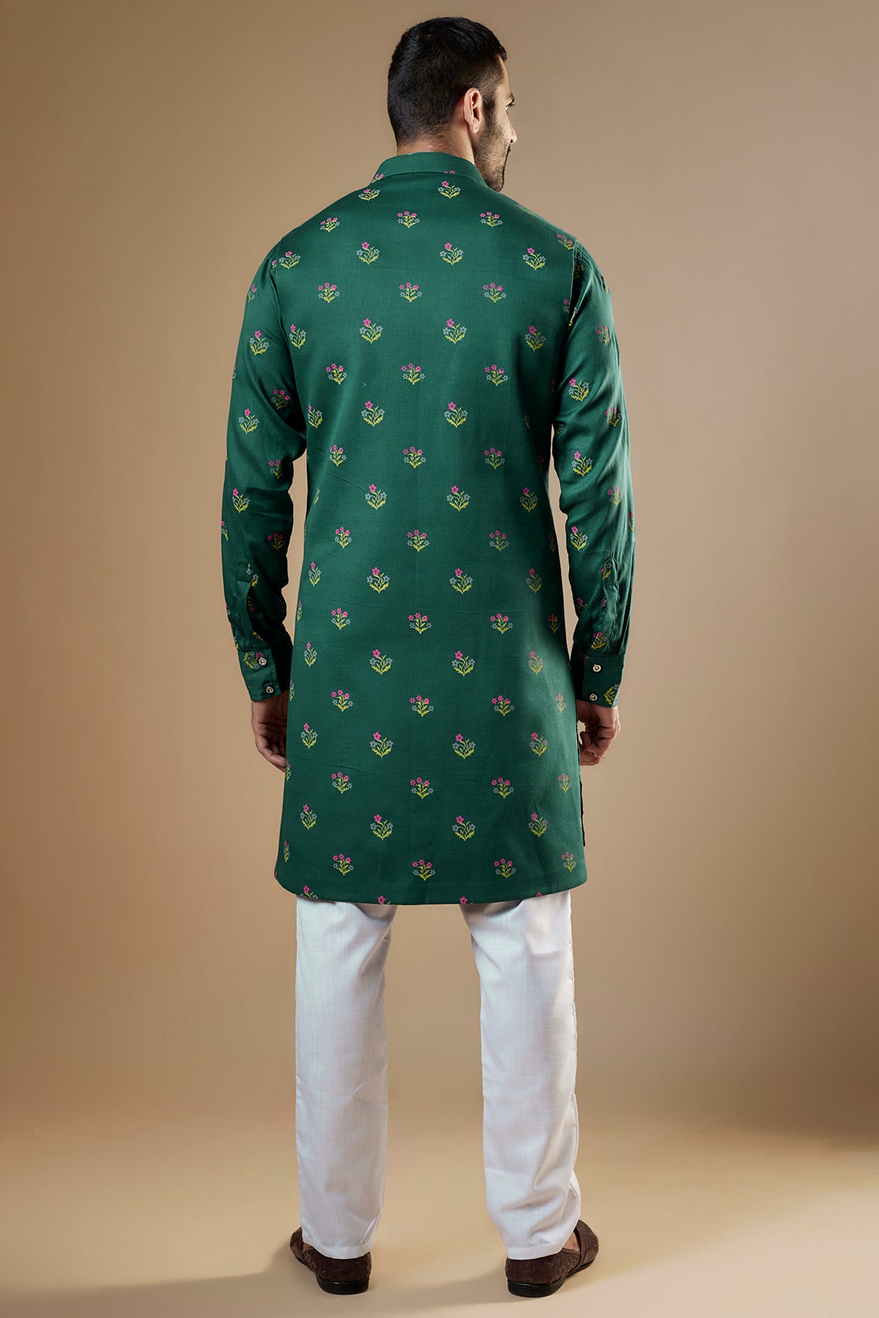 Green Printed Open Jacket Kurta Set