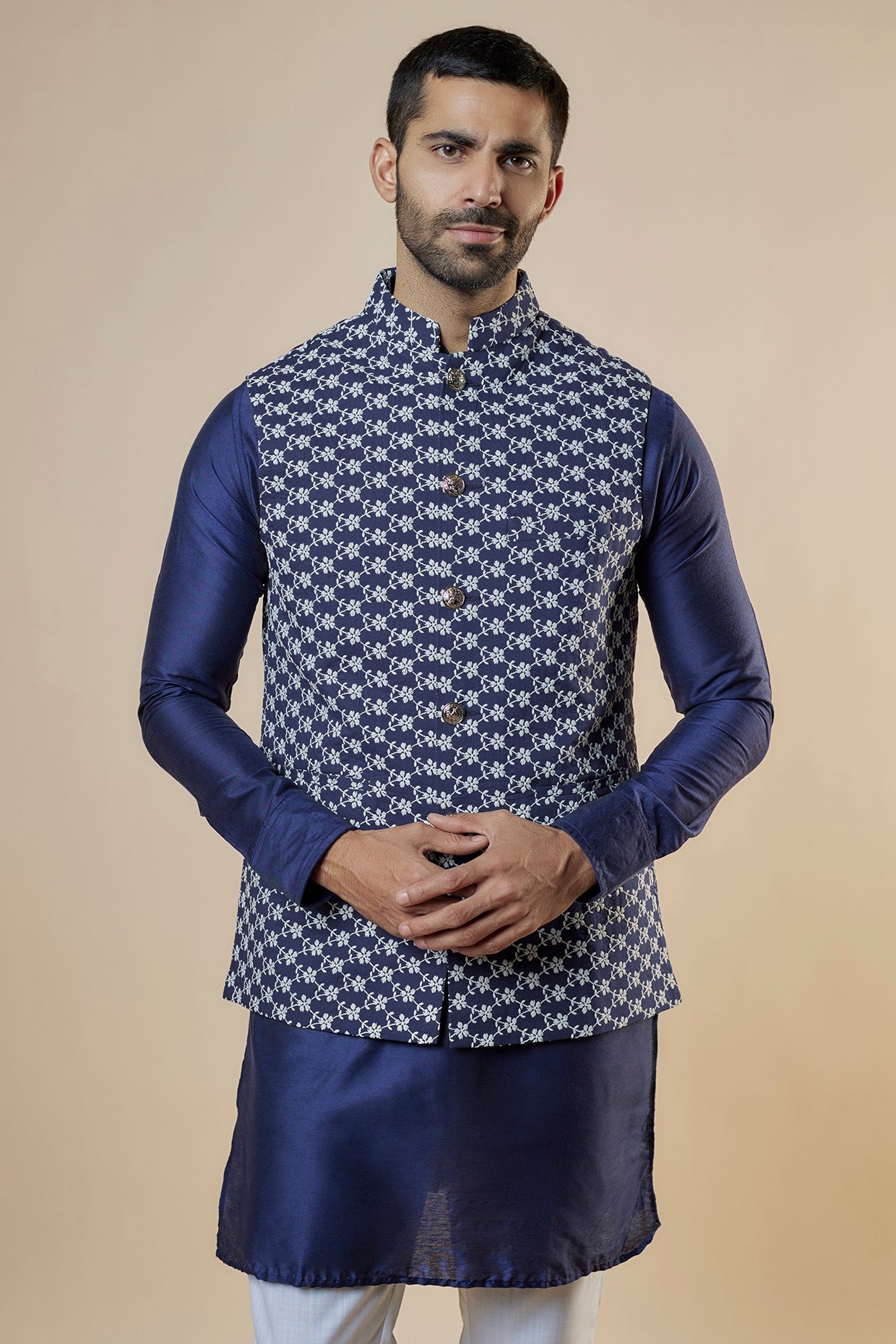 Navy Embroidered Nehru Jacket