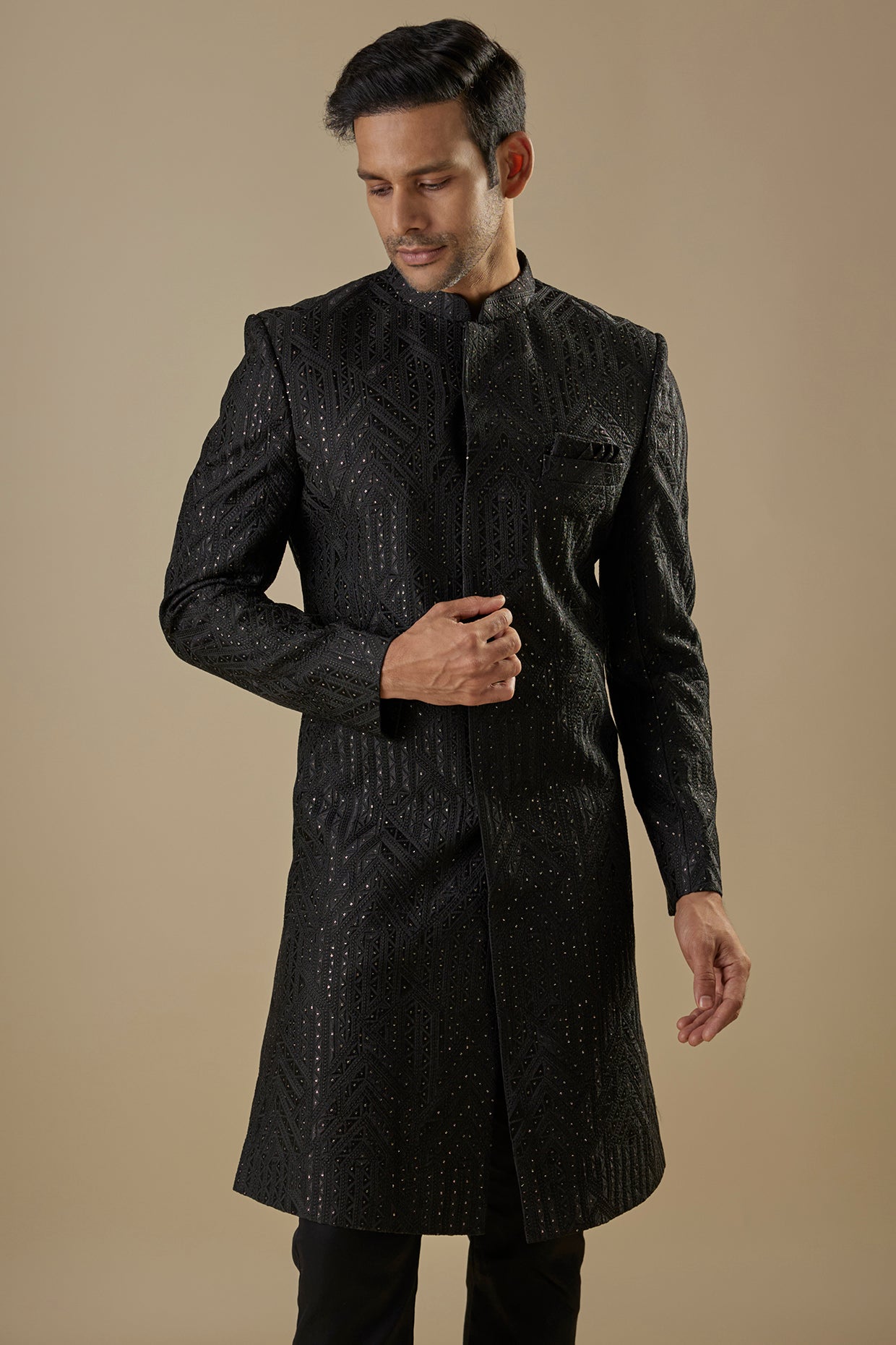 Black Geometric Embroidered Sherwani Set