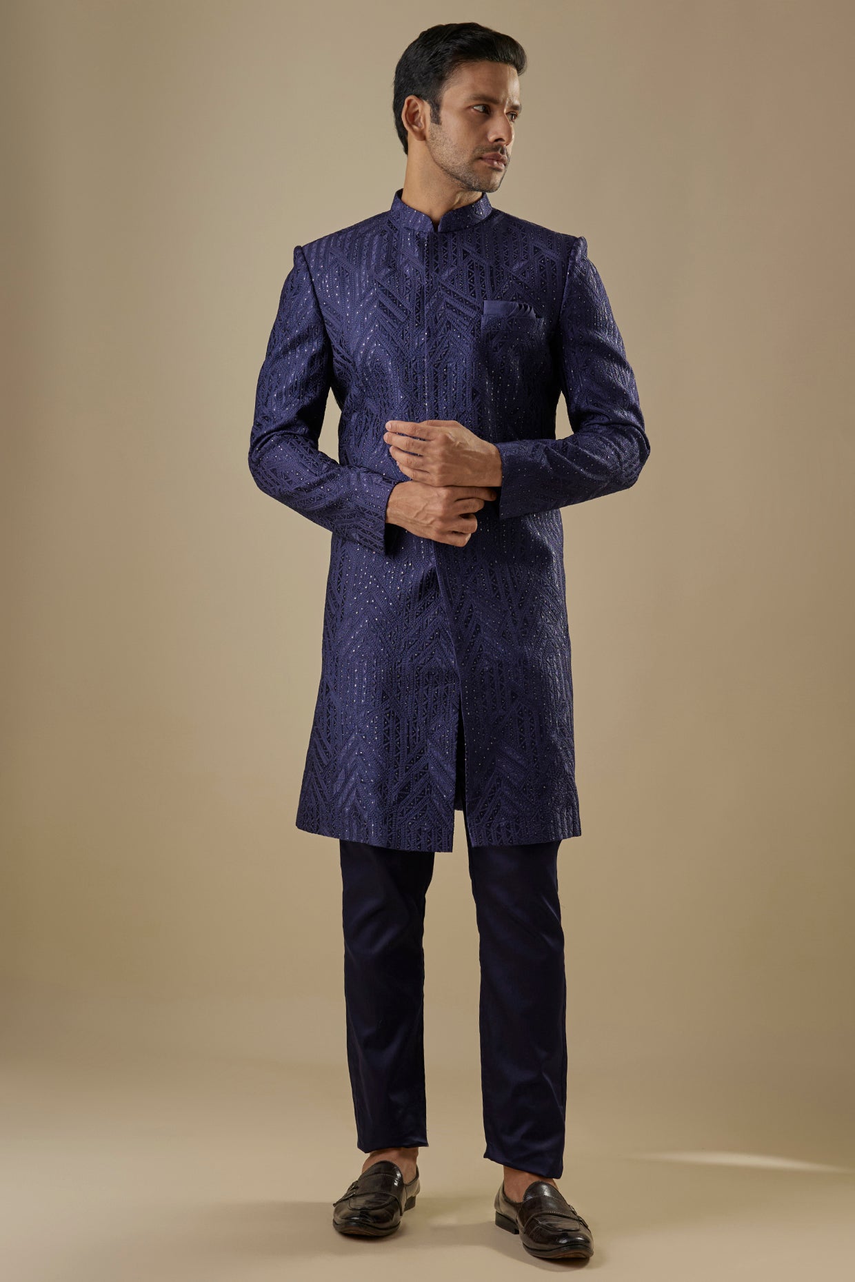 Navy Blue Geometric Embroidered Sherwani Set