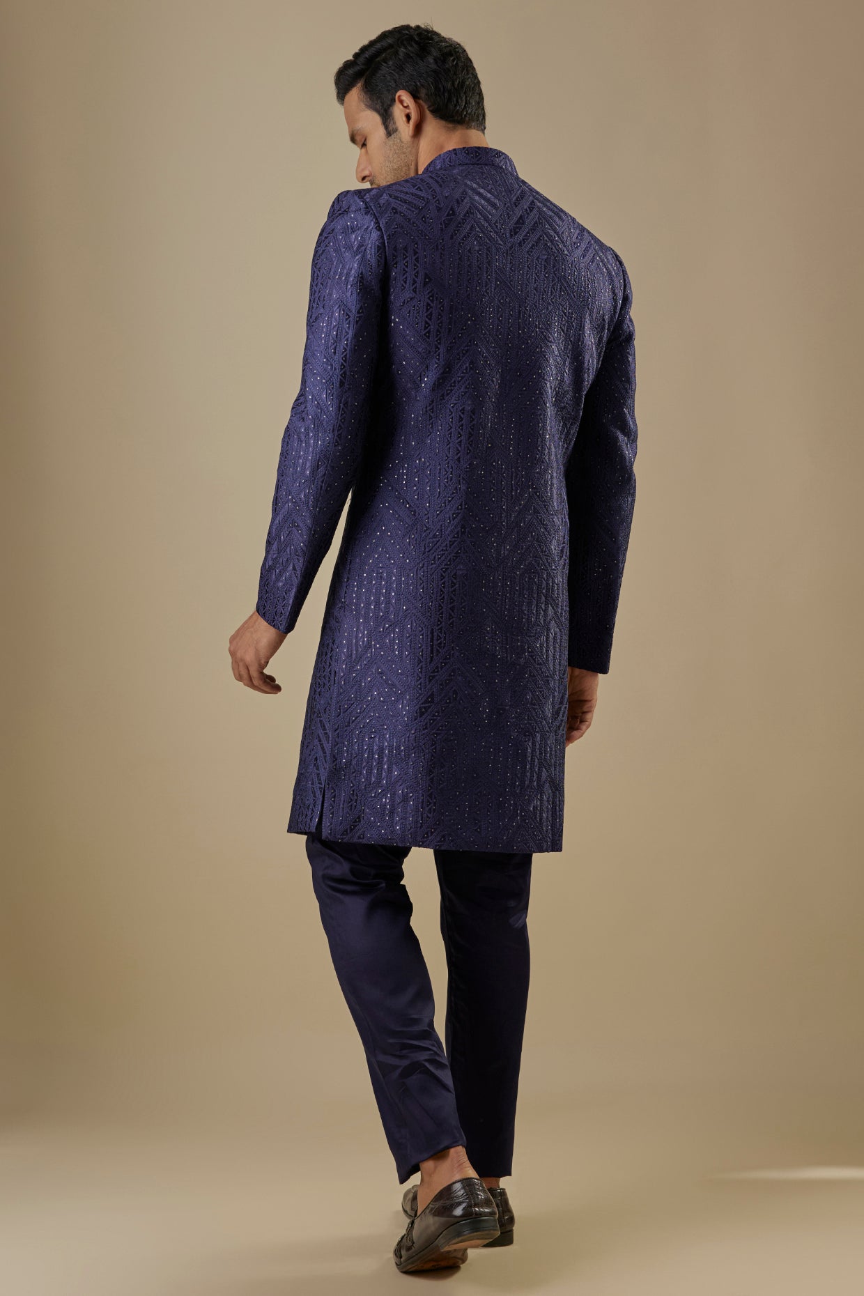 Navy Blue Geometric Embroidered Sherwani Set