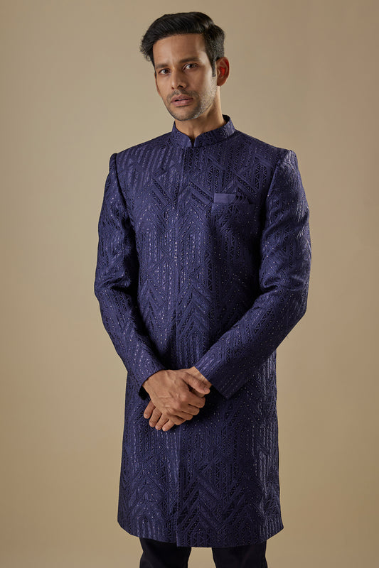 Navy Blue Geometric Embroidered Sherwani Set