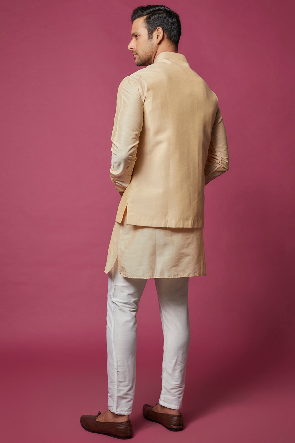 Beige Cotton Silk Jacket with Kurta Set