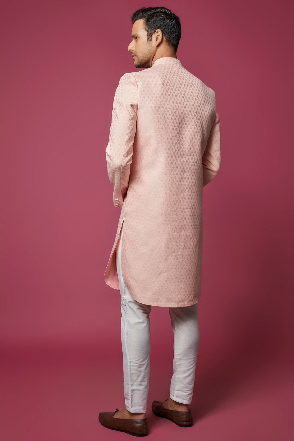 Pink Floral Jacquard Sherwani Set