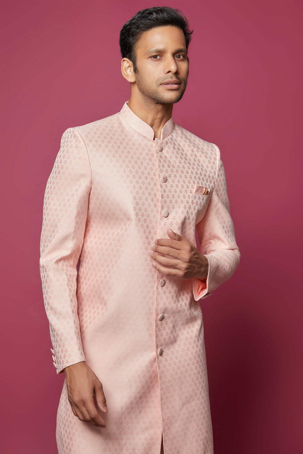 Pink Floral Jacquard Sherwani Set