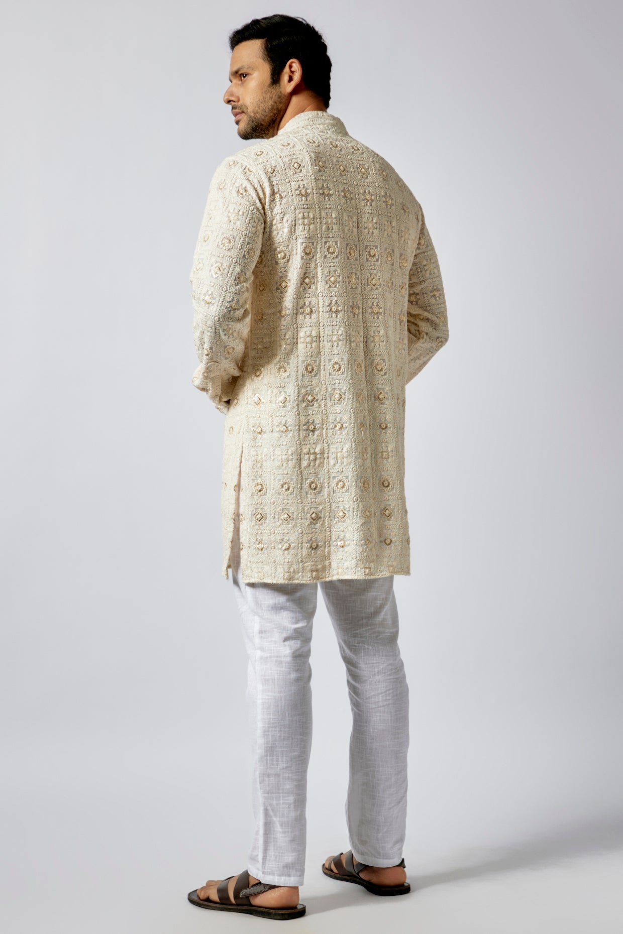 Cream Lucknowi Embroidered Kurta Set