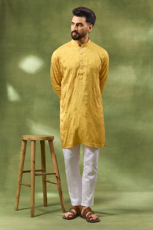 Mustard Border Embroidered Kurta Set