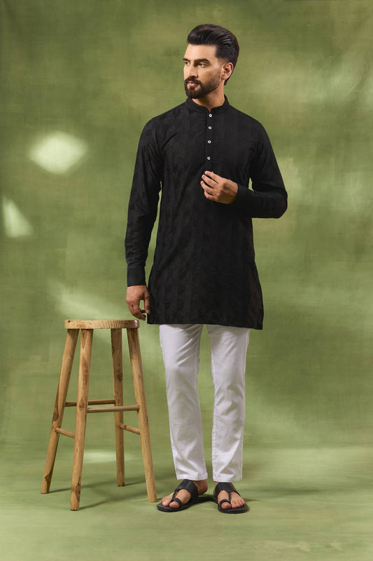 Black Geometric Embroidered Kurta Set