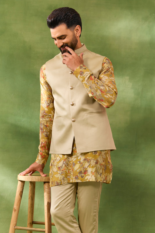 Yellow Floral Print Jacket Kurta Set