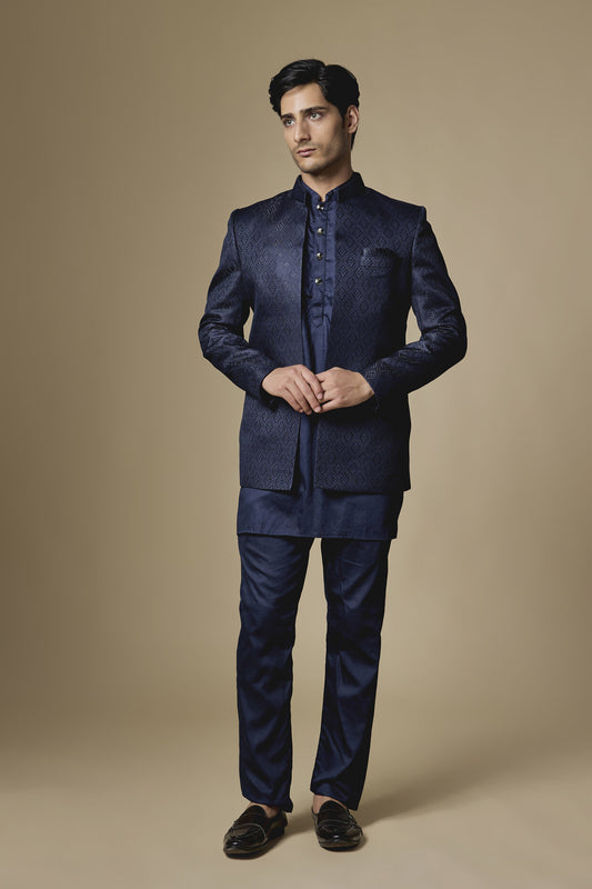 Navy Embroidered Indowestern Set
