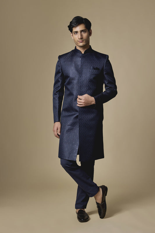Navy Embroidered Sherwani Set