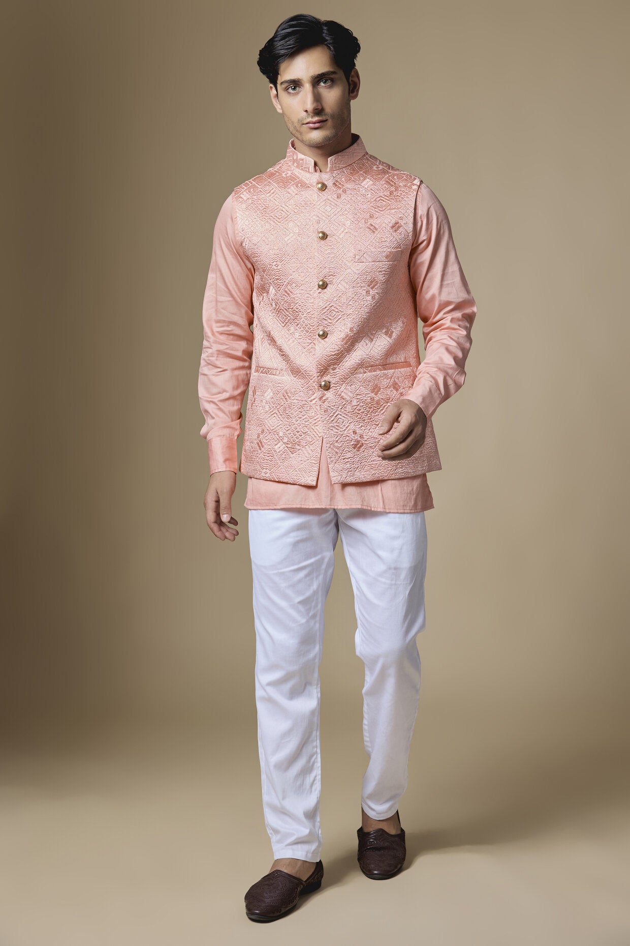 Peach Geometric Embroidered Jacket Kurta Set