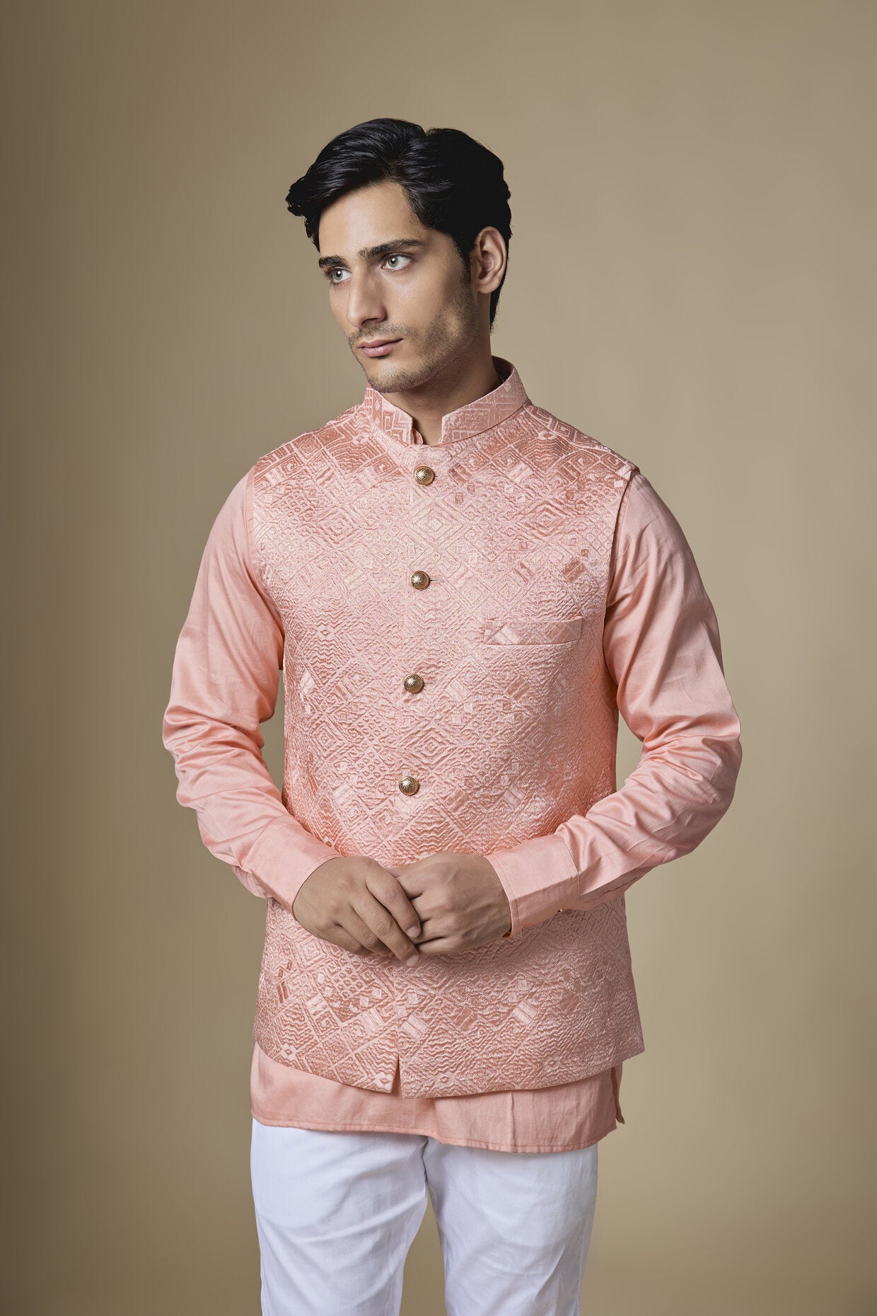 Peach Geometric Embroidered Jacket Kurta Set