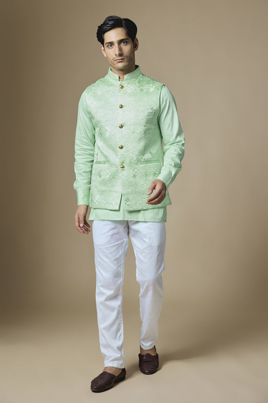 Mint Green Geometric Embroidered Jacket Kurta Set