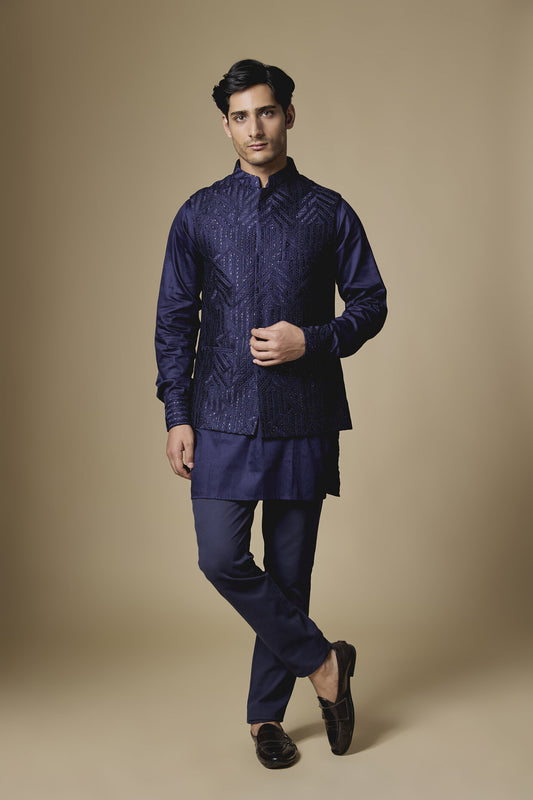 Navy Geometric Embroidered Jacket Kurta Set