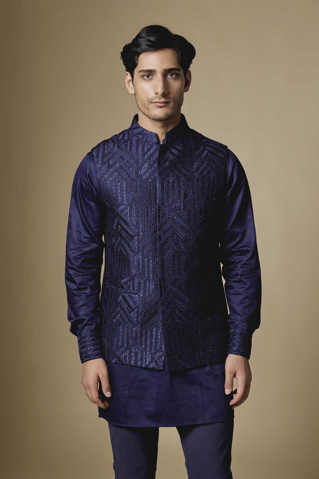 Navy Geometric Embroidered Jacket Kurta Set