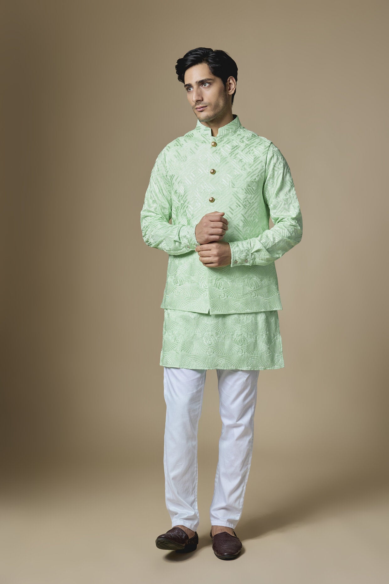 Mint Green Border Embroiderd Jacket Kurta Set