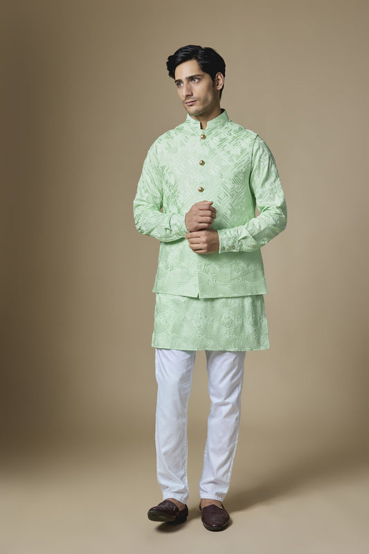 Mint Green Border Embroiderd Jacket Kurta Set