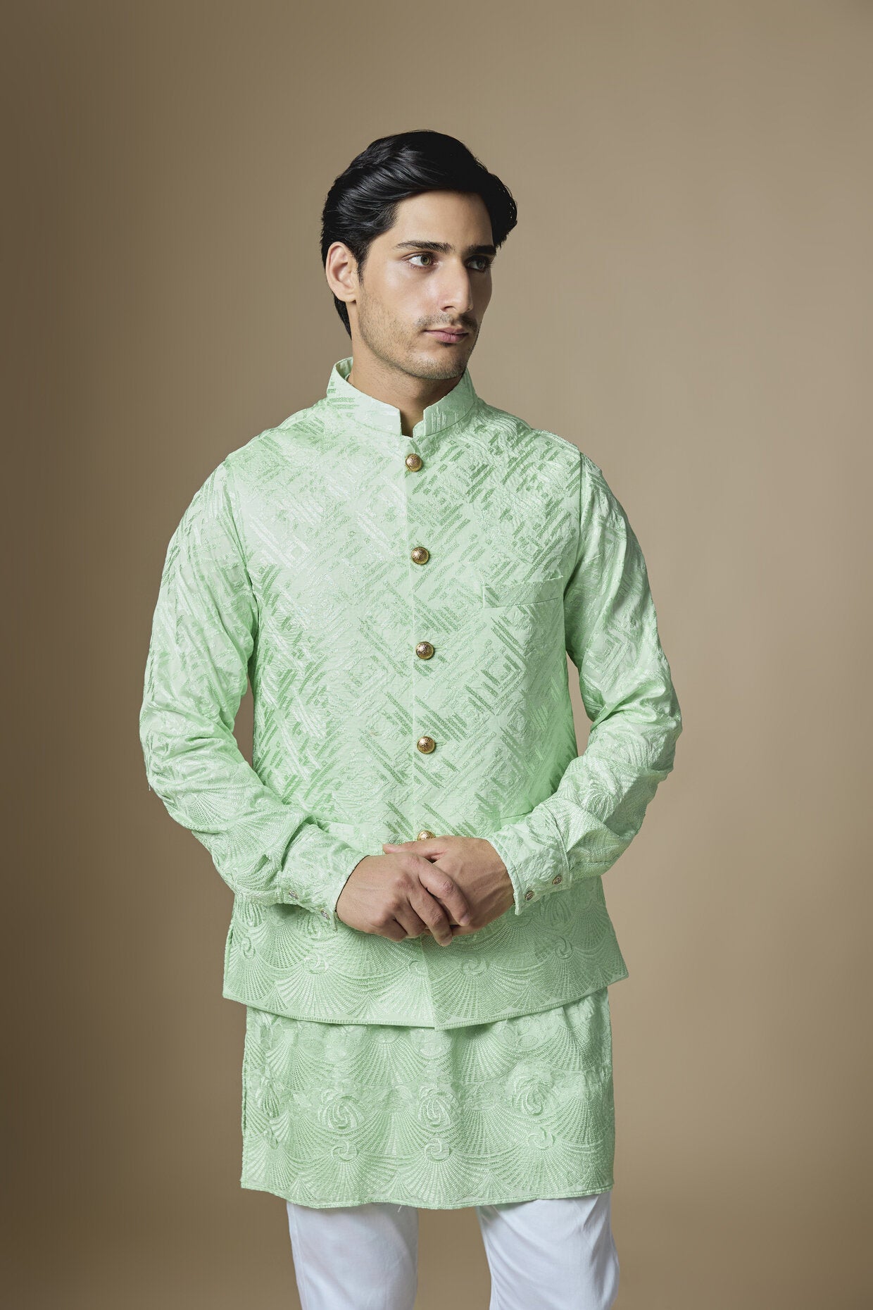 Mint Green Border Embroiderd Jacket Kurta Set
