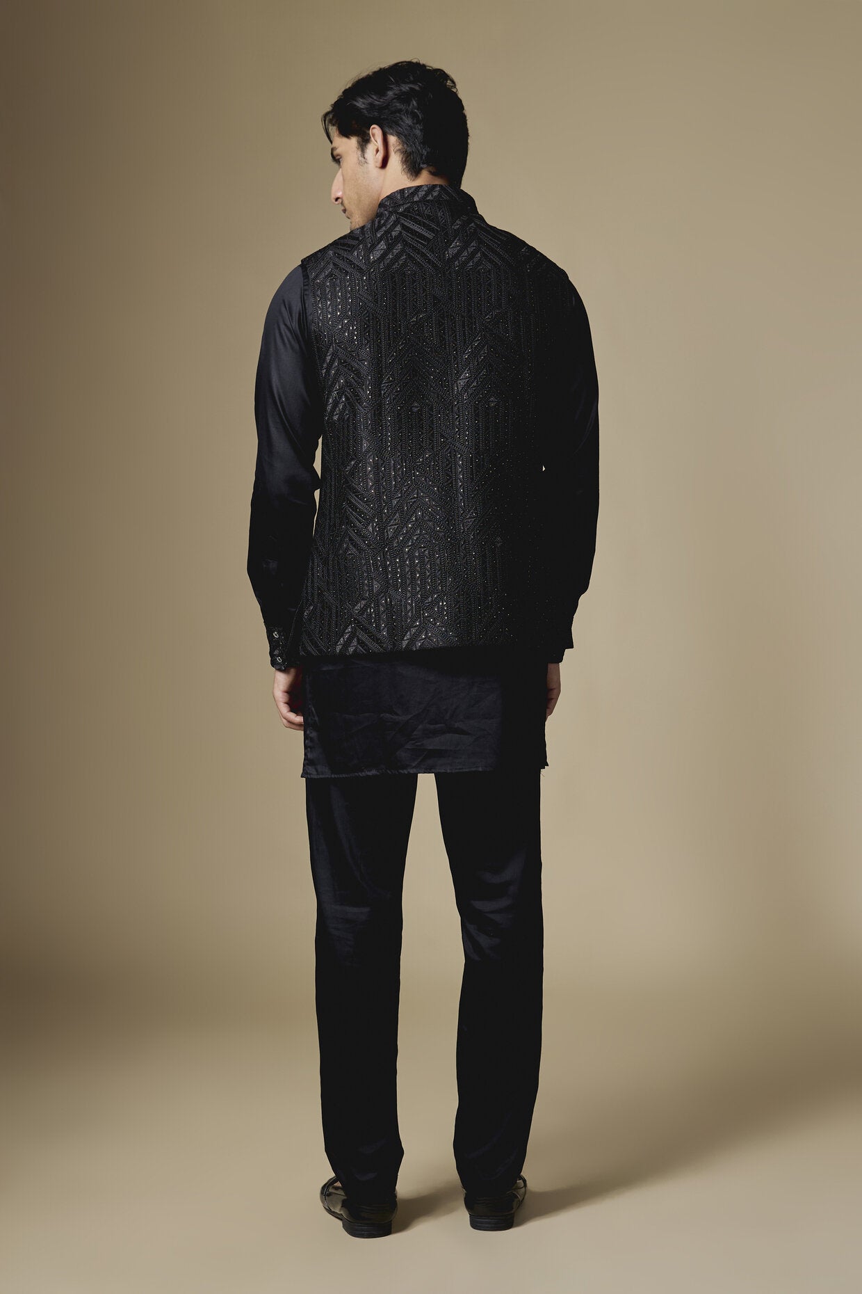 Black Geometric Embroidered Jacket Kurta Set