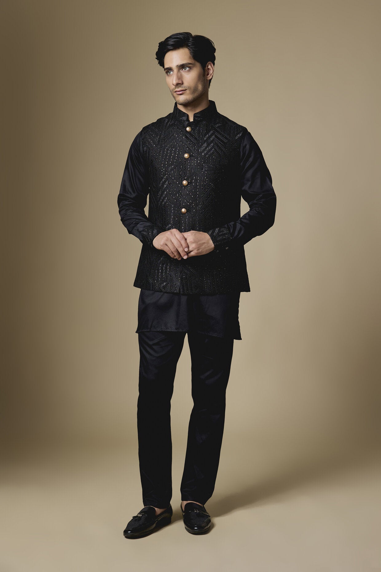 Black Geometric Embroidered Jacket Kurta Set