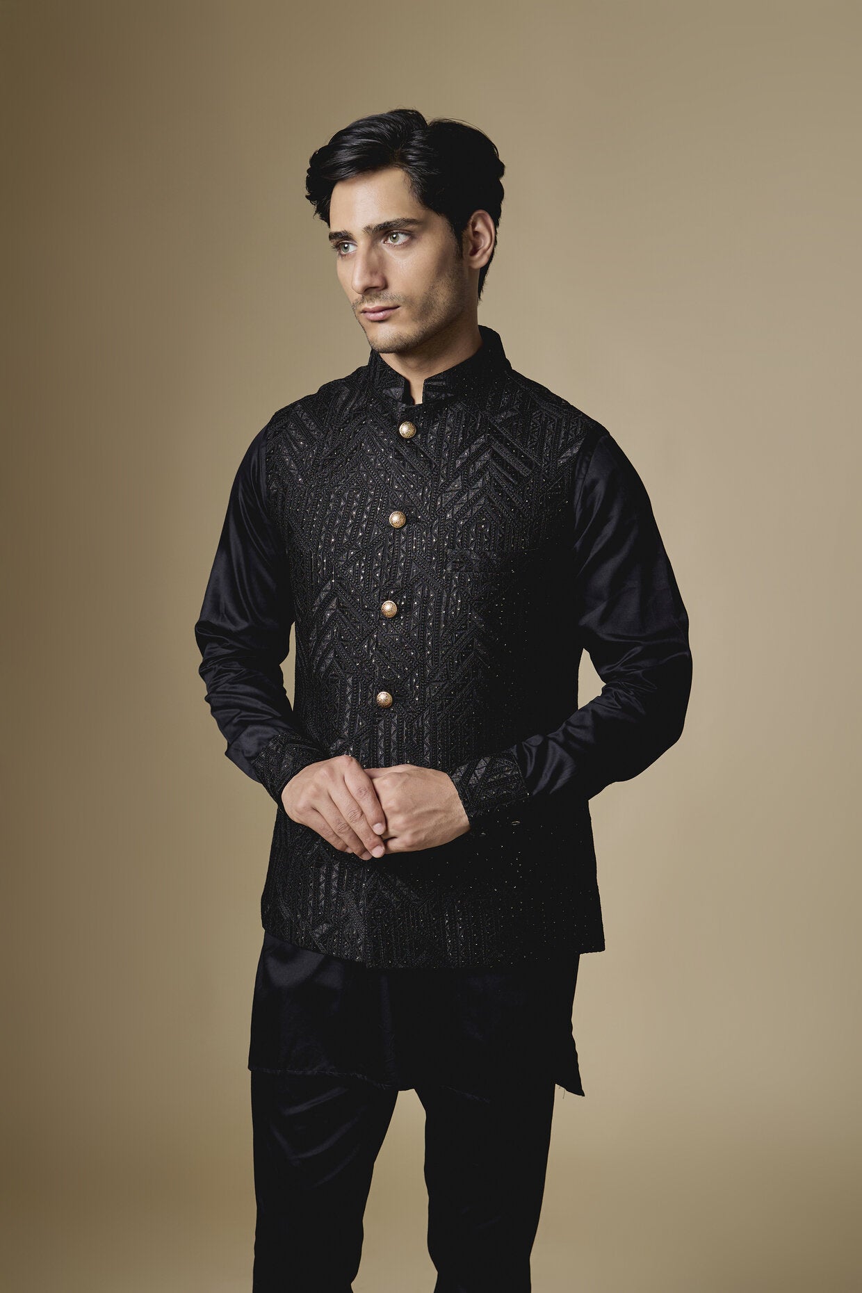 Black Geometric Embroidered Jacket Kurta Set