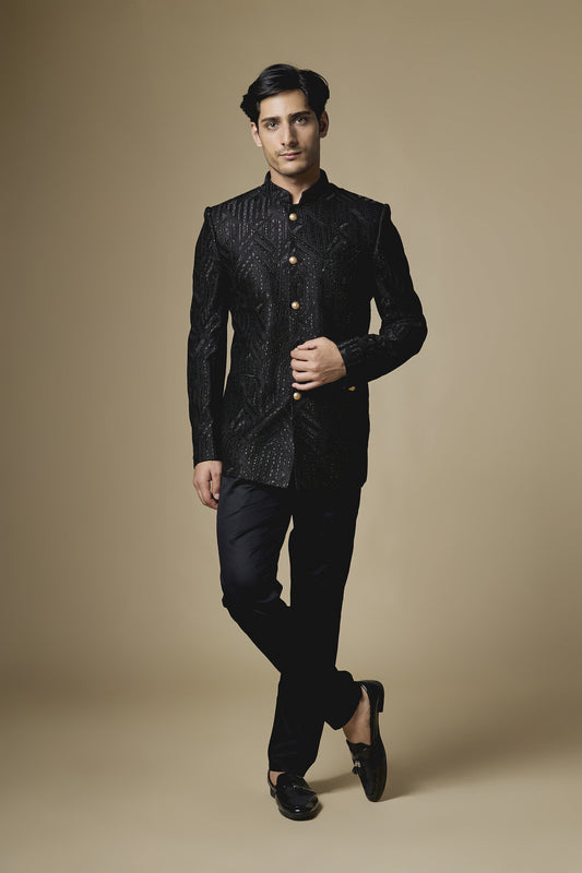 Black Geometric Embroidered Bandhgala Jacket
