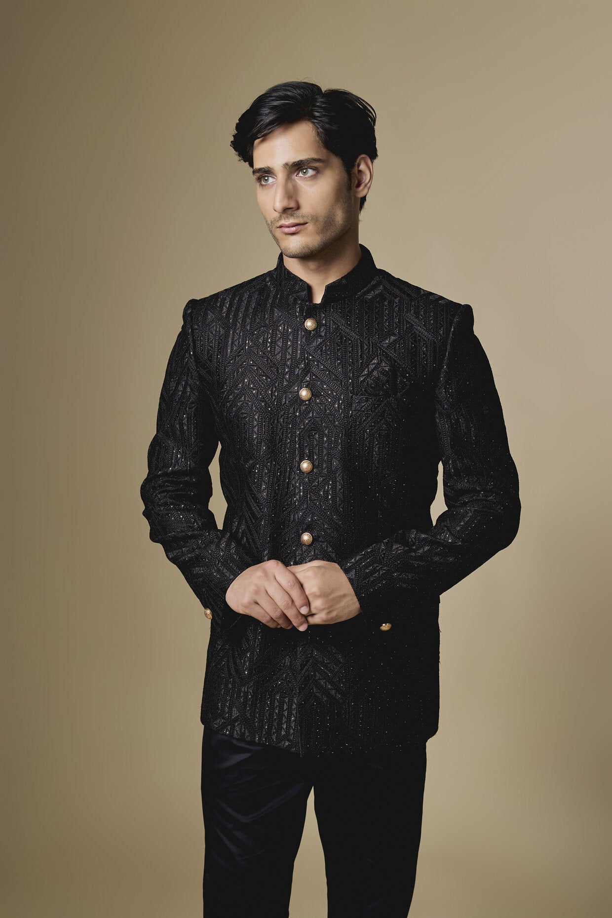 Black Geometric Embroidered Bandhgala Jacket