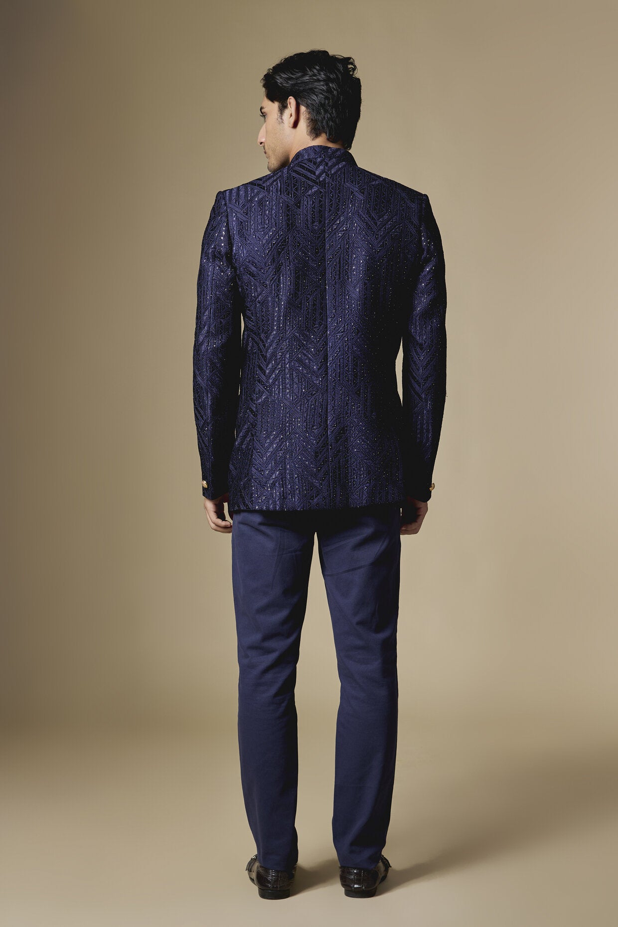 Navy Blue Geometric Embroidered Bandhgala Jacket