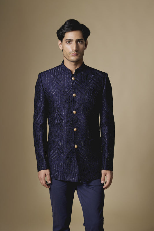 Navy Blue Geometric Embroidered Bandhgala Jacket