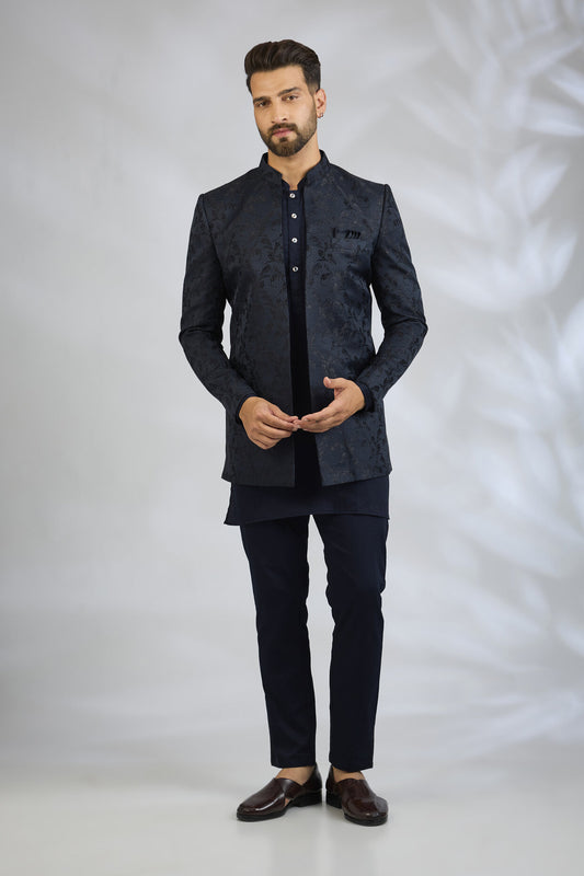 Navy Botanical Embroidered Indowestern Set