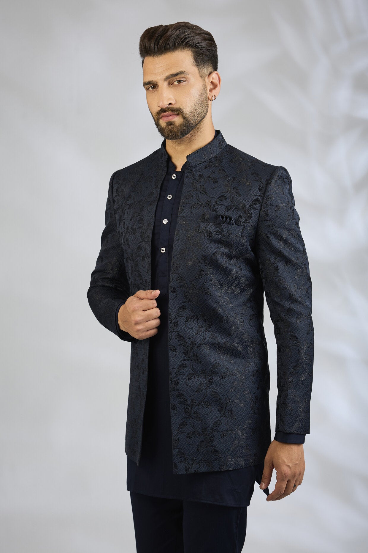 Navy Botanical Embroidered Indowestern Set