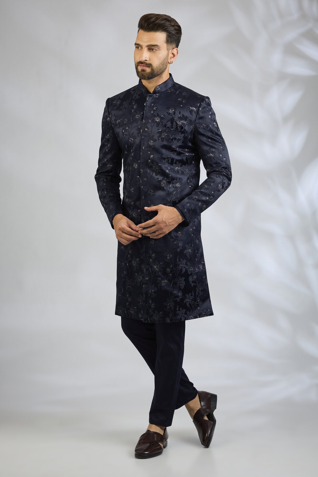 Navy Floral Embroidered Sherwani Set