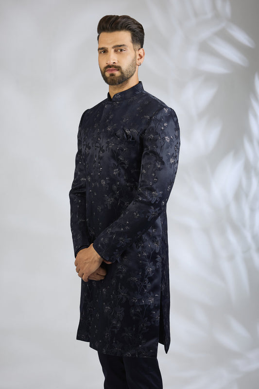 Navy Floral Embroidered Sherwani Set