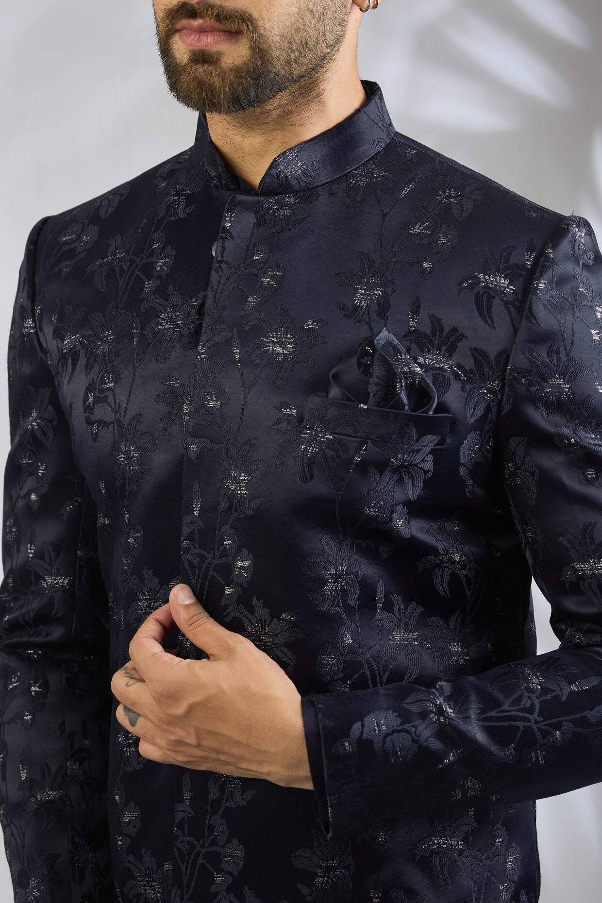 Navy Floral Embroidered Sherwani Set