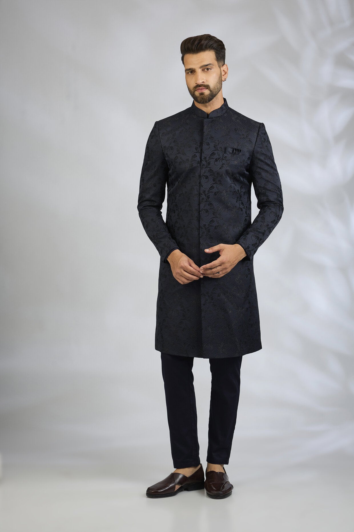 Navy Botanical Embroidered Sherwani Set
