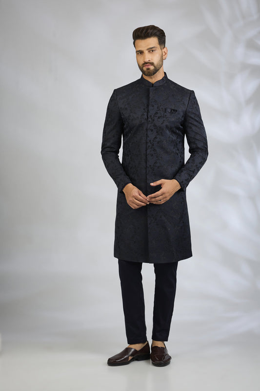 Navy Botanical Embroidered Sherwani Set