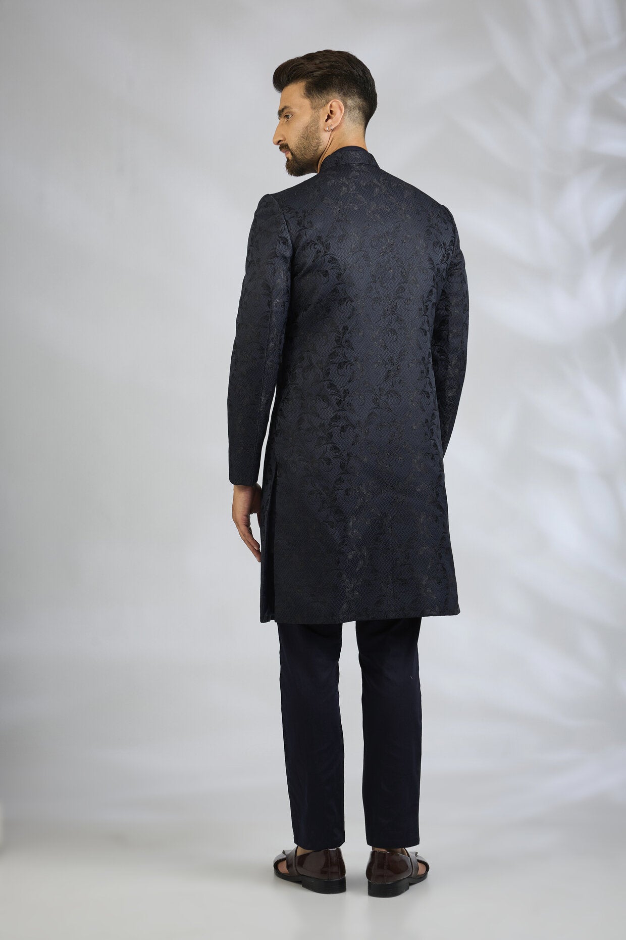 Navy Botanical Embroidered Sherwani Set