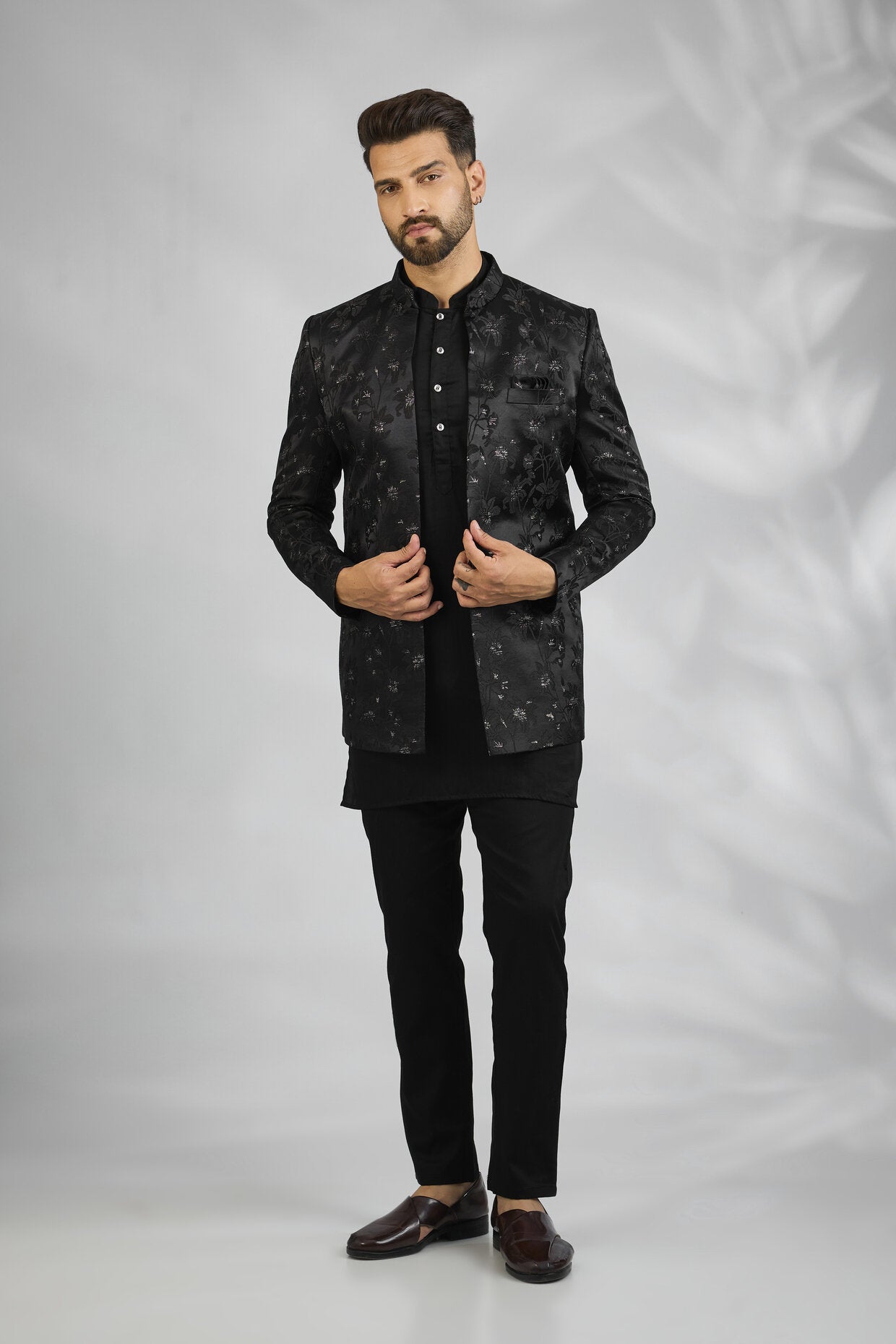Black Floral Embroidered Indowestern Set