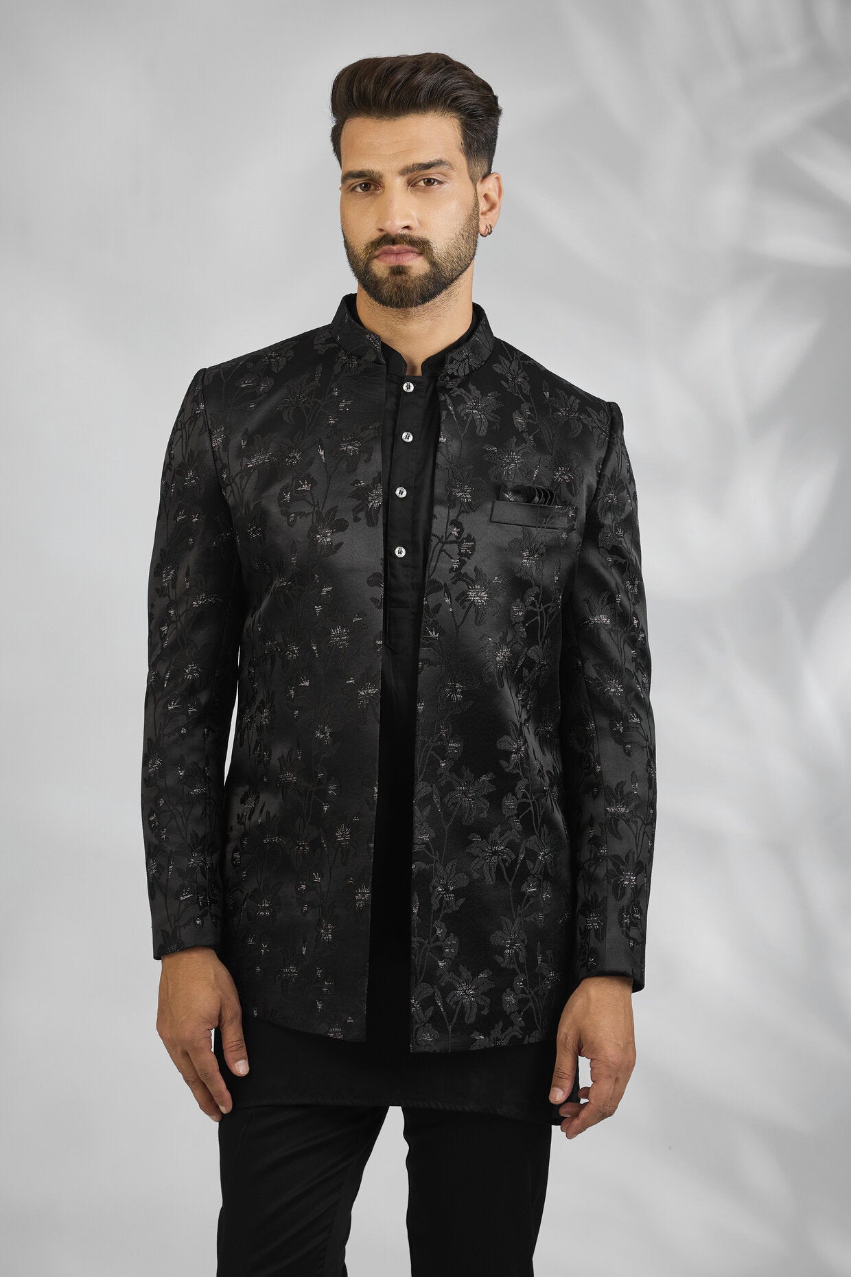 Black Floral Embroidered Indowestern Set