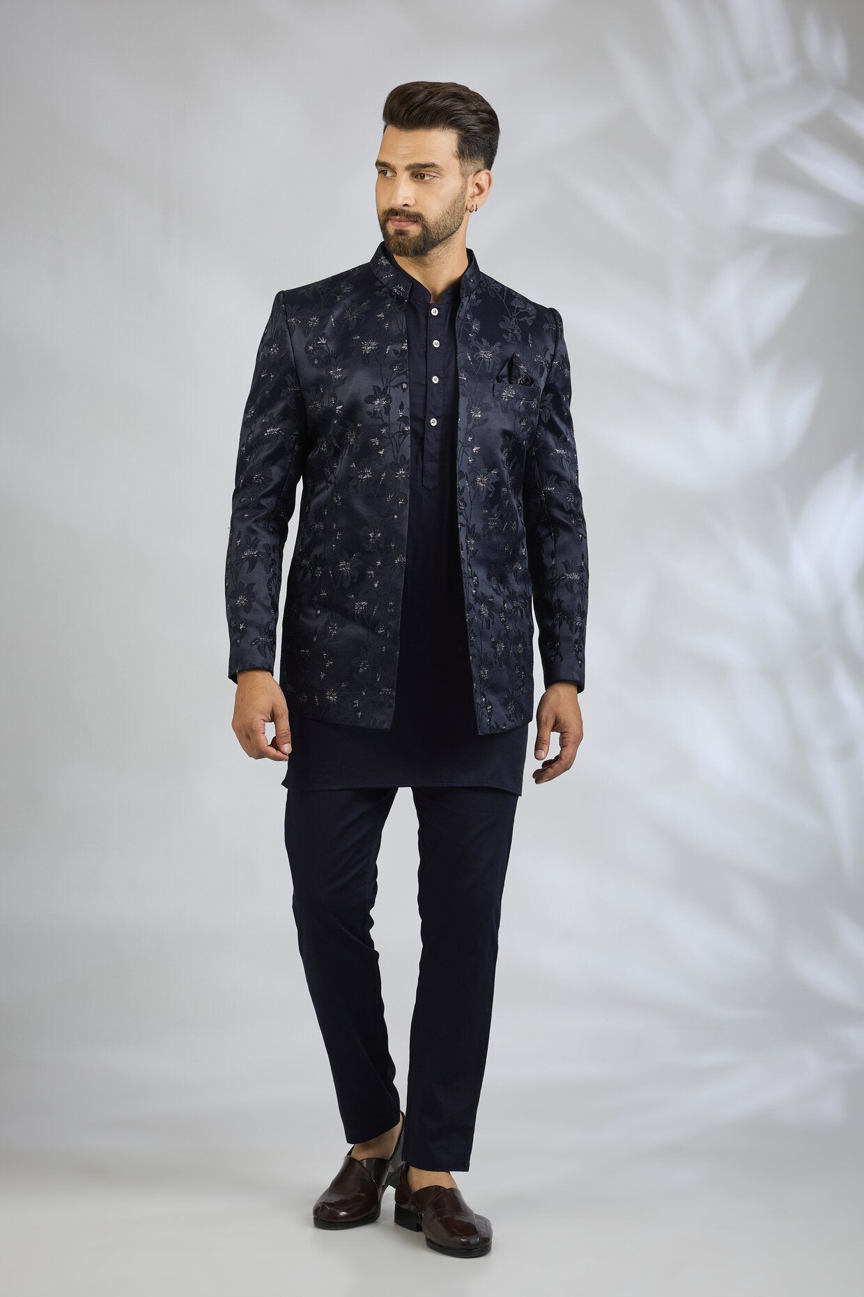 Navy Floral Embroidered Indowestern Set